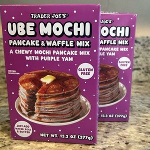 Ube mochi pancake and waffle mix by Trader Joe’s. Set of two boxes.
